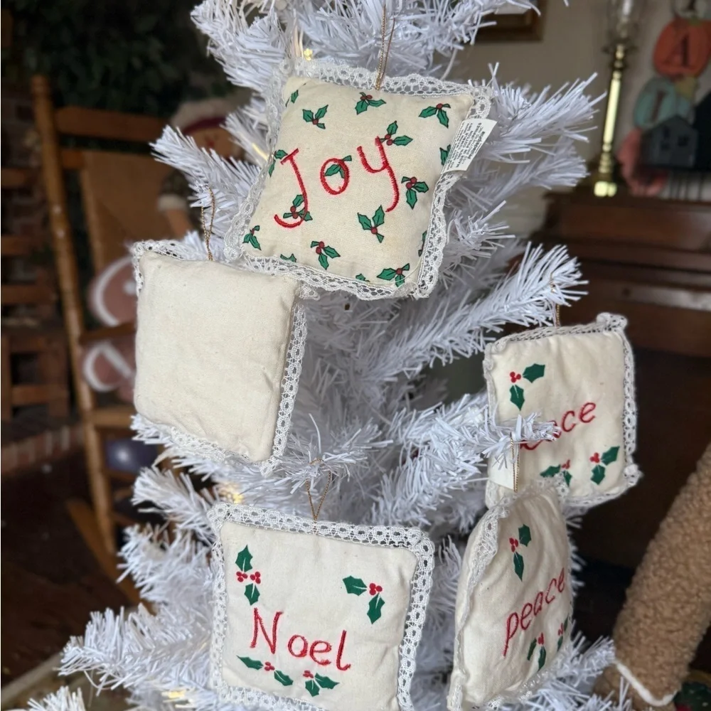 Vintage 1980’s Peace, Joy, Noel White Pillow Ornaments Set of 6